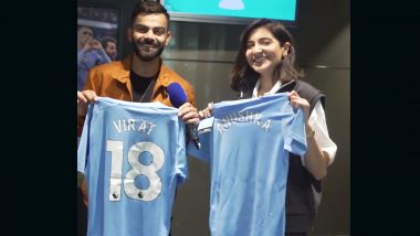 Virat Kohli, Anushka Sharma Presented With Manchester City Jerseys While Attending FA Cup 2022–23 Final at Wembley Stadium (Watch Video)